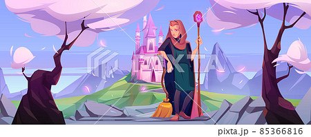 Man wizard with magic staff on road to pink castle 85366816