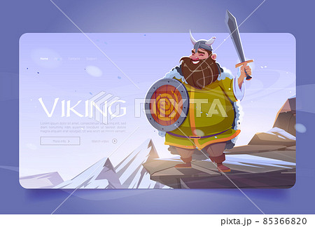 Viking banner, scandinavian warrior on mountain 85366820