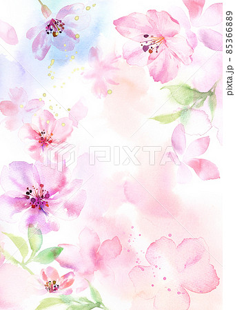 春の花 幻想的な桜のフレーム背景 縦 水彩イラスト ルーズタッチ のイラスト素材