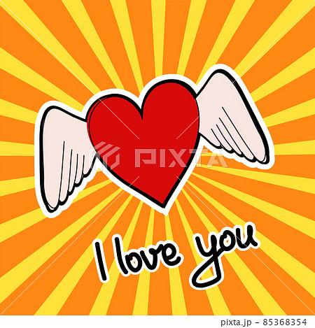 Red heart with wings on pop art style stripped background as greeting card I love you 85368354