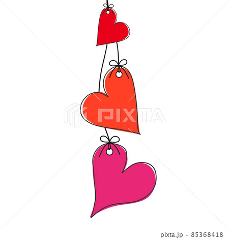 Three red and pink hearts on the rope on white, valentine's greeting card, stock vector illustration 85368418
