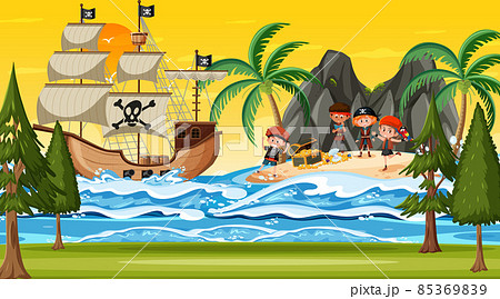 Treasure Island scene at sunset time with Pirate kids 85369839