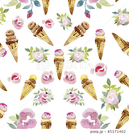 Rose Flowers Ice Cream Cone Seamless Pattern Fabric Wallpaper Background Watercolor by Hand 85371402