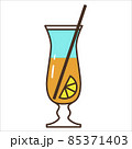 Vector drawing icon of an elongated cocktail glass. Two-tone cocktail with a slice of lemon. 85371403