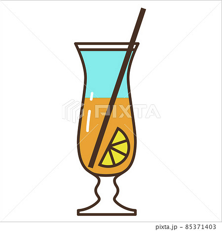 Vector drawing icon of an elongated cocktail glass. Two-tone cocktail with a slice of lemon. Vector drawing icon of an elongated cocktail glass. Two-tone cocktail with a slice of lemon. 85371403