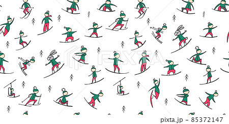 Snowboard time, people snowboarding from the mountain. Seamless pattern for your design 85372147