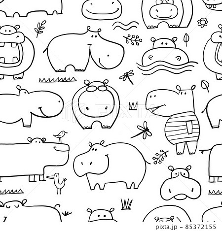 Hippopotamus family, cute hippo characters. Seamless Pattern Background for your design Hippopotamus family, cute hippo characters. Seamless Pattern Background for your design 85372155