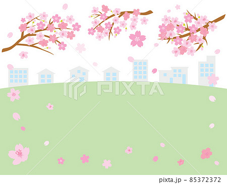 桜と野原と街並みの背景イラストのイラスト素材