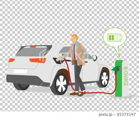 電気自動車に充電する白人男性ビジネスマン 電気自動車に充電する白人男性ビジネスマン 85373147