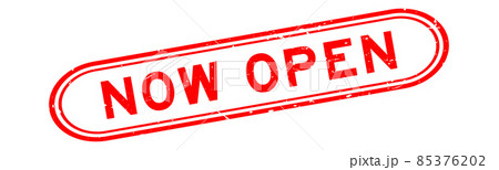 Grunge red now open word rubber seal stamp on white background 85376202