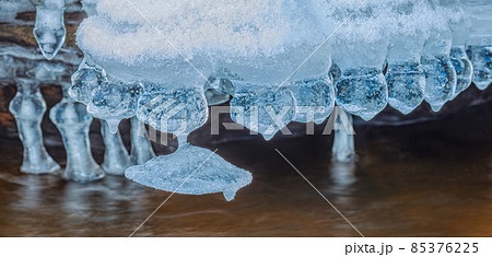 Icicles over the water in the river. Natural landscape. Winter. Background image. 85376225