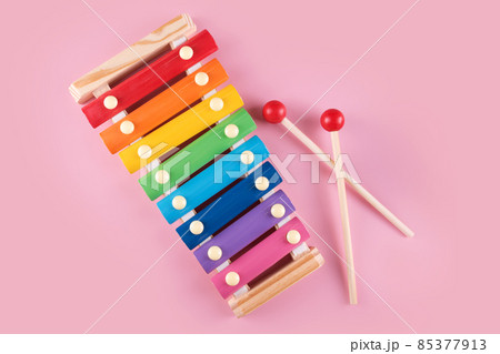 Xylophone for kids, infant wooden musical instrument toy for toddlers. Colorful xylophone with metal keys and wooden beaters Xylophone for kids, infant wooden musical instrument toy for toddlers. Colorful xylophone with metal keys and wooden beaters 85377913