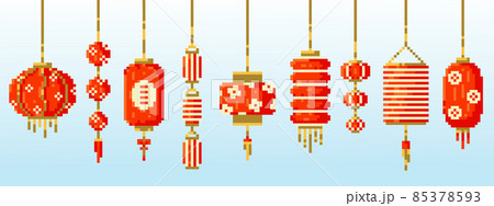 Pixel art Chinese new year paper lanterns game set. Computer 8 bit gamer style collection of Chinese hanging lanterns and lamps decorations. Isolated vector pixel elements for background. Red and Gold 85378593