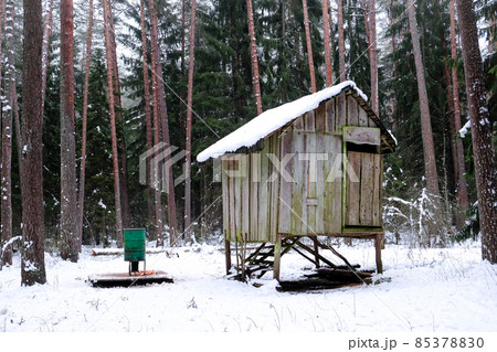 Manger for winter feeding of wild animals in forest. Forest animal feeder in winter. Defocused Manger for winter feeding of wild animals in forest. Forest animal feeder in winter. Defocused 85378830