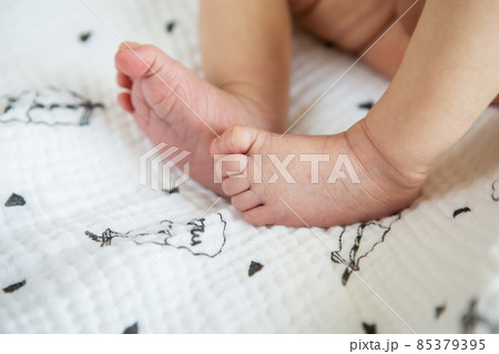 Small feet of a newborn baby. The concept of motherhood, breastfeeding. Small feet of a newborn baby. The concept of motherhood, breastfeeding. 85379395