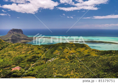 View from the height of the island of Mauritius in the Indian Ocean and the beach of Le Morne-Brabant View from the height of the island of Mauritius in the Indian Ocean and the beach of Le Morne-Brabant 85379751