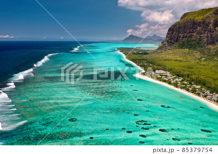 View from the height of the island of Mauritius in the Indian Ocean and the beach of Le Morne-Brabant 85379754