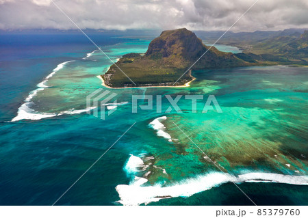 View from the height of the island of Mauritius in the Indian Ocean and the beach of Le Morne-Brabant 85379760