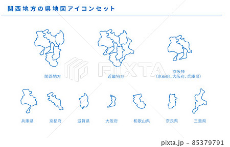 日本地図、関西地方の県地図アイコンセット、ベクター素材