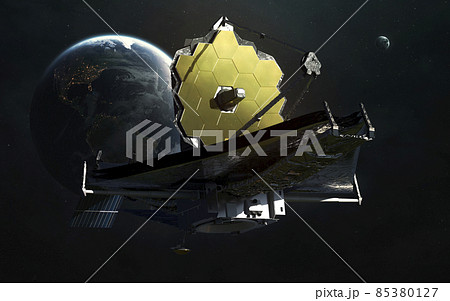 The James Webb telescope orbiting planet Earth. JWST launch art. Elements of image provided by Nasa 85380127