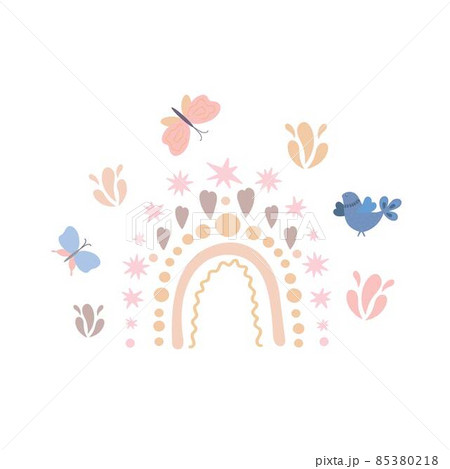 Bohemian style rainbow, little blue bird, cute butterflies simple flat cartoon vector illustration, greeting card illustration for children, nursery decor, poster, textile Bohemian style rainbow, little blue bird, cute butterflies simple flat cartoon vector illustration, greeting card illustration for children, nursery decor, poster, textile 85380218
