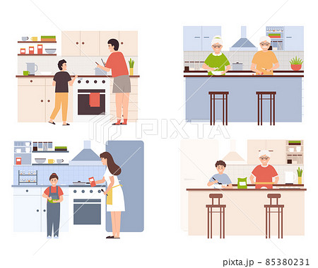 Collection of people cooking in kitchen, serving table, dining together, eating food. Parents, grandparents and kids preparing food for dinner, bake cookies and cake. 85380231