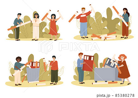 Smokers quitting smoke cigarettes, refusing from tobacco, rejecting from unhealthy bad habit. People Cutting Cigarette on Pieces, Male Smokers Team Fighting with Addiction Illustration 85380278