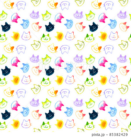 ゆるい・かわいい猫の顔のテキスタイル柄　猫柄シームレスパターン 85382429