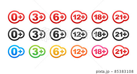 Censored 0, 3, 6, 12, 18, 21 plus sign limit concept. Age restrictions, censorship. Vector stock illustration 85383108