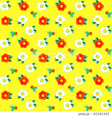 水彩イラストのかわいい花柄シームレスパターン 椿のイラスト素材