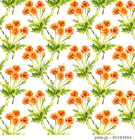 春の花の背景素材　ナガミヒナゲシのシームレスパターン　手描き水彩イラスト素材 85383604
