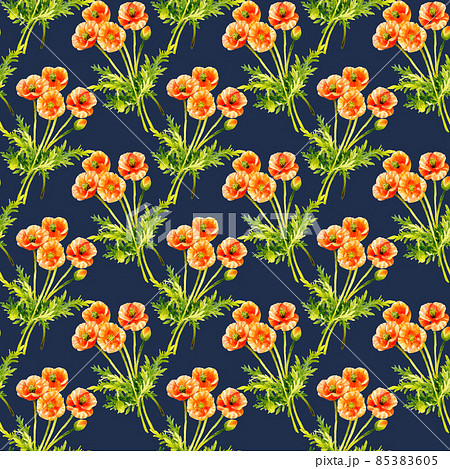 春の花の背景素材 ナガミヒナゲシのシームレスパターン 手描き水彩イラスト素材のイラスト素材