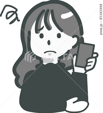 【モノクロ】スマホで困っているロングヘアー女性イラスト 85383998