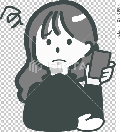 【モノクロ】スマホで困っているロングヘアー女性イラスト 85383998
