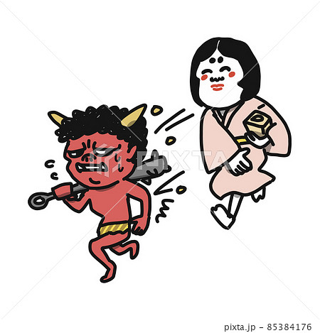 節分に福が鬼に向かって豆まきをしているイラストのイラスト素材