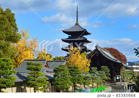 秋晴れのお昼に歩道橋から眺める東寺の五重の塔が京都らしい 85385668