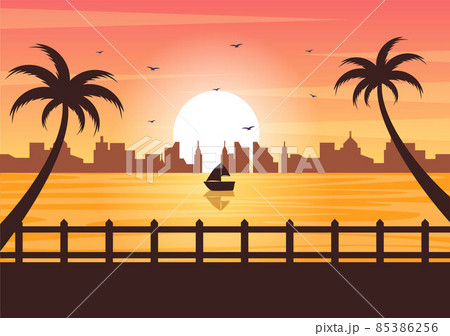 Sea Sunset Landscape Of Sun Above Ocean With のイラスト素材