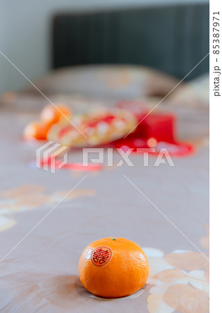 Chinese wedding ceremony. Orange Chinese Text are attached. Chinese wedding ceremony. Orange Chinese Text are attached. 85387971