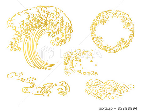 和風イラスト 毛筆のダイナミックな金色の波セット 海や水しぶき 和波コレクション かすれ 線画 曲線のイラスト素材 8534