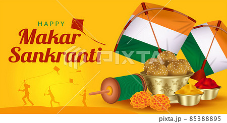 Happy Makar Sankranti festival banner with silhouette of children flying kites, Paper kites and Sesame seeds ball or Tilgul Ladoo. Happy Makar Sankranti festival banner with silhouette of children flying kites, Paper kites and Sesame seeds ball or Tilgul Ladoo. 85388895