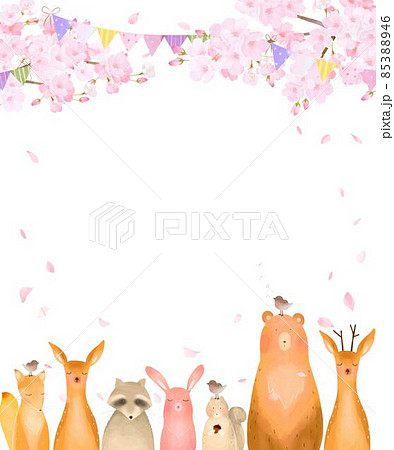 森の動物が旗揺らめく満開の桜の木の下にいる春の北欧風かわいい