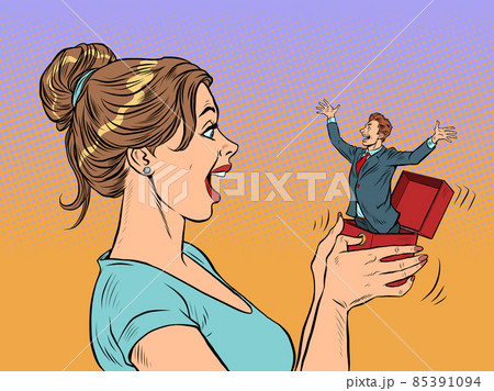 woman girl bride sees groom box valentine surprise greeting, love romance 85391094