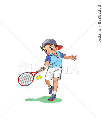 硬式テニステニスのフォアーハンドを打つ少年のイラスト素材