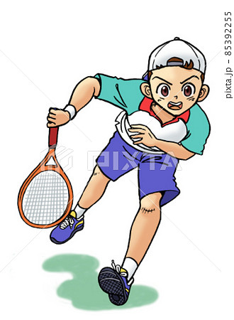 硬式テニスのサーブを打つ少年のイラスト素材