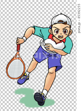 硬式テニスのサーブを打つ少年のイラスト素材