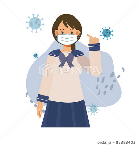 covid-19 concept.female japanese student is showing that he is wearing medical mask.Flat vector cartoon character illustration. 85393403