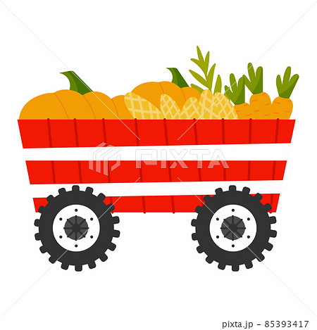 Red trailer with vegetables in cartoon style isolated on white background, farm transport, rural lifestile concept Red trailer with vegetables in cartoon style isolated on white background, farm transport, rural lifestile concept 85393417