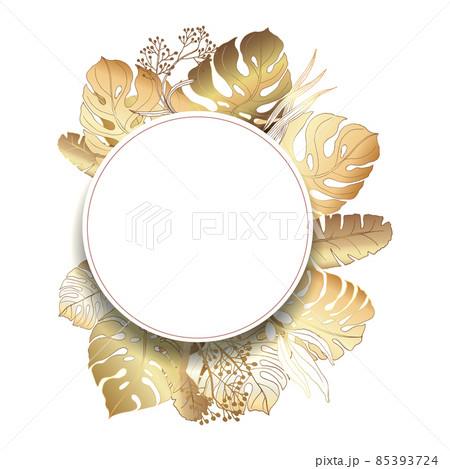 Round gold frame with flowers. Abstract bright golden leaves. Place for your text. Floral vector illustration. 85393724