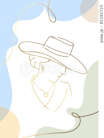 Poster with a woman face in a hat. Minimalism. Line drawing style. Golden silhouette Poster with a woman face in a hat. Minimalism. Line drawing style. Golden silhouette 85393725