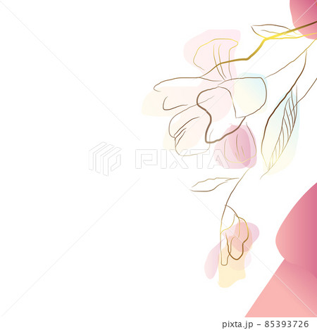Square gold frame made of gold flowers and branches on a white background. Minimalism of forms in a square frame and abstraction. Leaves with plant flowers. Vector illustration. 85393726